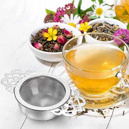 Crown mesh tea strainer with drip bowl